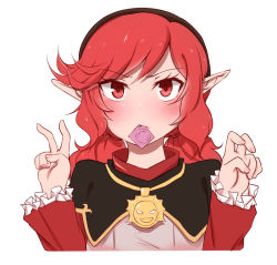 Rule 34 | 1girl, bad id, bad pixiv id, beruko14, blush, condom, condom in mouth, double v, dungeon and fighter, elementalist (dungeon and fighter), highres, long hair, looking at viewer, low twintails, mage (dungeon and fighter), mouth hold, pointy ears, red eyes, red hair, solo, twintails, upper body, v