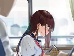 Rule 34 | 1girl, biting own lip, blue eyes, blue sailor collar, blurry, blurry background, blurry foreground, blush, breasts, brown hair, classroom, commentary request, depth of field, funi mu9, hair behind ear, indoors, large breasts, long hair, neckerchief, original, profile, red neckerchief, sailor collar, school uniform, serafuku, shirt, short hair, solo focus, sweatdrop, upper body, wavy mouth, white shirt, wide-eyed, window
