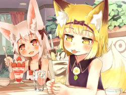Rule 34 | 2girls, :3, :d, :p, animal ears, banana, banana slice, bare shoulders, blonde hair, blush, bob cut, bow, cafe, crr w9kd, cup, food, fox ears, fox tail, fruit, glass, hair bow, hairband, indoors, leaf, multiple girls, open mouth, original, parfait, pink eyes, pink hair, plant, shirt, short hair, sleeveless, sleeveless shirt, smile, spoon, strawberry, tail, tongue, tongue out, yellow eyes