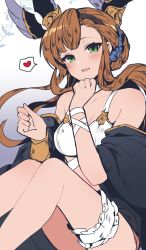 Rule 34 | 1girl, bare shoulders, bikini, blush, bracer, breasts, bridal garter, brown hair, choker, collarbone, commentary, gradient background, granblue fantasy, green eyes, hair bun, hair ornament, hairband, heart, highres, long hair, looking at viewer, medium breasts, nozomu144, off shoulder, official alternate costume, parted lips, single hair bun, sitting, solo, speech bubble, spoken heart, swimsuit, symbol-only commentary, tweyen (eternal&#039;s summer vacation) (granblue fantasy), tweyen (granblue fantasy), white bikini
