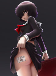 Rule 34 | 1girl, ass, bag, black hair, blush, breasts, brown eyes, clothes lift, flat ass, from below, hair over one eye, highres, looking back, looking down, midriff, nazo no kanojo x, open mouth, school bag, school uniform, serafuku, short hair, siraha, skirt, skirt lift, small breasts, solo, sticker, sticker on ass, urabe mikoto
