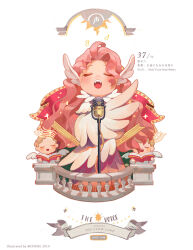 Rule 34 | 1girl, 2019, angel wings, artist name, banner, blonde hair, book, cable, cape, cardcaptor sakura, cherub, chibi, clow card, collared capelet, commentary, cpieng, crossed arms, dress, english commentary, english text, feathers, harpy, high collar, highres, holding, holding book, huang gua, light blush, long dress, long hair, loose hair strand, microdress, monster girl, music, open book, open mouth, pink dress, pink hair, short hair, singing, smile, solo, sparkle, stage, teeth, upper teeth only, voice (clow card), watermark, wavy hair, white background, white cape, white feathers, wings