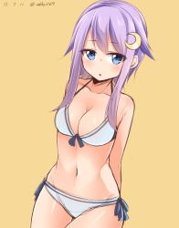 Rule 34 | 10s, 1girl, arms behind back, artist name, bikini, blush, breasts, cleavage, collarbone, crescent, crescent hair ornament, dated, hair ornament, halterneck, highres, hoshimiya aki, image sample, kantai collection, looking at viewer, md5 mismatch, navel, purple hair, resolution mismatch, short hair with long locks, simple background, solo, source larger, swimsuit, thigh gap, twitter username, white bikini, yayoi (kancolle), yellow background