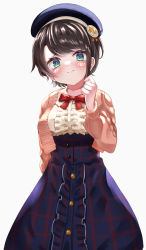 Rule 34 | 1girl, absurdres, aran sweater, beret, black hair, blouse, blue eyes, blue hat, blue skirt, blush, bow, bowtie, brown cardigan, cable knit, cardigan, commentary request, frilled shirt, frills, hat, higashigure, high-waist skirt, highres, hololive, long sleeves, looking at viewer, oozora subaru, oozora subaru (casual), open cardigan, open clothes, red bow, red bowtie, shirt, short hair, skirt, solo, sweater, swept bangs, virtual youtuber, white background, white shirt