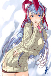 Rule 34 | 1girl, blue eyes, blue hair, blush, box, breast hold, breasts, brown skirt, covered mouth, cowboy shot, earrings, eyelashes, gift, gustav (telomere na), hair ribbon, hairband, hand to own mouth, heart-shaped box, highres, holding, holding gift, jewelry, leaning forward, lens flare, long hair, long sleeves, medium breasts, microskirt, original, pencil skirt, red ribbon, ribbed sweater, ribbon, signature, sketch, skirt, sleeves past wrists, solo, sweater, turtleneck, turtleneck sweater, two side up, valentine, very long hair, white background