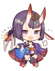 Rule 34 | 1girl, :d, blush, bob cut, chibi, cup, diadem, fangs, fate/grand order, fate (series), food, fruit, full body, grapes, horns, japanese clothes, kimono, long sleeves, looking at viewer, open mouth, purple hair, purple kimono, revealing clothes, rosette (yankaixuan), sakazuki, sandals, shuten douji (fate), simple background, skin-covered horns, smile, solo, standing, white background, wide sleeves