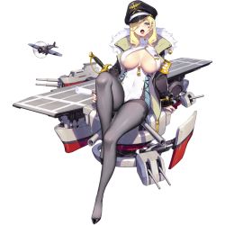 Rule 34 | 1girl, aircraft, armband, artist request, black hat, black surge night, blonde hair, blue eyes, breasts, facial mark, flight deck, food, food in mouth, fur trim, grey pantyhose, hair over one eye, hat, heart, holding, jacket, large breasts, long hair, long sleeves, official art, open mouth, pantyhose, popsicle, rigging, sitting, solo, star (symbol), sword, transparent background, weapon, yorktown (black surge night)