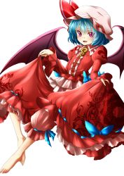 Rule 34 | 1girl, barefoot, bat wings, bloomers, blue hair, blush, curtsey, fang, flat chest, full body, hat, highres, long sleeves, puffy long sleeves, puffy sleeves, red eyes, red skirt, remilia scarlet, samuimu, short hair, skirt, skirt set, solo, toes, touhou, transparent background, underwear, white background, wings
