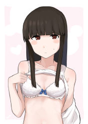 Rule 34 | 1girl, 4me 4ma, absurdres, black hair, blunt bangs, blush, bra, breasts, brown eyes, closed mouth, hatsuyuki (kancolle), heart, highres, hime cut, kantai collection, long hair, looking at viewer, sidelocks, simple background, small breasts, solo, sweat, tank top, two-tone background, underwear, upper body, white bra, white tank top