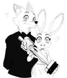 Rule 34 | 1boy, 1girl, absurdres, animal ears, body fur, rabbit, closed mouth, dress, eric lowery, eyebrows, fox, furry, heart, highres, judy hopps, monochrome, nick wilde, open mouth, smile, tuxedo, zootopia