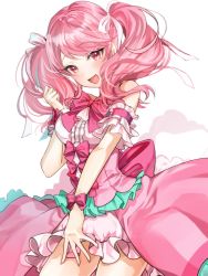 Rule 34 | 1girl, :d, arm cuffs, bad id, bad pixiv id, bang dream!, dress, frilled dress, frills, hair ribbon, long hair, looking at viewer, maruyama aya, open mouth, pink hair, red eyes, ribbon, roko (pe0e07), smile, solo, twintails