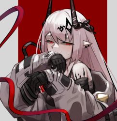 Rule 34 | 1girl, absurdres, arknights, black gloves, black horns, blush, covering own mouth, ear piercing, gloves, highres, horns, jacket, long hair, material growth, mudrock (arknights), multicolored background, nikomicapchi, open clothes, open jacket, oripathy lesion (arknights), piercing, pointy ears, red background, red eyes, simple background, solo, squinting, white hair, white jacket