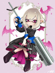 Rule 34 | 1girl, :3, bat (animal), black dress, border, closed mouth, commentary, commission, dress, e-liter 4k (splatoon), earrings, eyelashes, full body, grey hair, gun, highres, holding, holding gun, holding weapon, inkling, inkling girl, inkling player character, jewelry, knees together feet apart, long hair, nintendo, paint, pink eyes, pointy ears, puchiman, puffy sleeves, purple border, smile, solo, splatoon (series), splatoon 3, tentacle hair, weapon