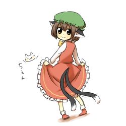 Rule 34 | 1girl, animal ears, bad id, bad pixiv id, bow, bowtie, brown eyes, brown hair, cat, cat ears, cat tail, chen, clothes lift, dress, dress lift, female focus, full body, gomimushi, hat, looking back, lowres, multiple tails, solo, tail, touhou, white background