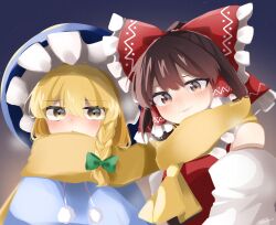 Rule 34 | 2girls, ascot, blonde hair, blush, bow, braid, brown eyes, brown hair, closed mouth, commentary request, detached sleeves, frilled bow, frilled hair tubes, frills, green bow, hair bow, hair tubes, hakurei reimu, hasumi suzuna, highres, kirisame marisa, long hair, multiple girls, red bow, scarf, shared clothes, shared scarf, side braid, single braid, smile, touhou, yellow ascot, yellow eyes, yellow scarf, yuri