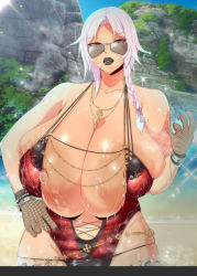 Rule 34 | 1girl, absurdres, areola slip, aviator sunglasses, breasts, gigantic breasts, highres, kun in&#039;ye, lactation, large areolae, looking over eyewear, looking over glasses, mucc (ren0522), nail polish, nipple slip, nipples, one-piece swimsuit, shiny skin, solo, sunglasses, super robot wars, swimsuit, tinted eyewear, undersized clothes, wide hips