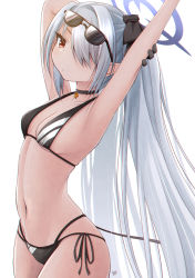 Rule 34 | 1girl, arms behind head, arms up, bare shoulders, bikini, black bikini, blue archive, breasts, choker, cleavage, collarbone, commentary request, demon tail, eyewear on head, from side, hair over one eye, hair ribbon, highres, iori (blue archive), iori (swimsuit) (blue archive), long hair, looking at viewer, looking to the side, midriff, mirun (funimani), multi-strapped bikini bottom, navel, ponytail, red eyes, ribbon, side-tie bikini bottom, sidelocks, silver hair, simple background, solo, sunglasses, swimsuit, tail, white background