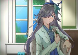 Rule 34 | 1girl, absurdres, alternate costume, aoinova, artist name, bird hair ornament, blue eyes, blue hair, blue shirt, blue sky, bow, chest of drawers, closed mouth, collared shirt, dress shirt, earrings, flower, formal, fu hua, fu hua (azure empyrea), fu hua (cerulean court), grey hair, hair bow, hair ornament, hair over one eye, hand on chair, hand on own chest, hanging scroll, highres, holding, holding flower, honkai (series), honkai impact 3rd, jacket, jewelry, light smile, long hair, long sleeves, looking at viewer, on chair, open clothes, open jacket, scroll, shirt, single earring, sitting, sky, solo, suit, table, tree, upper body, white flower, white jacket, white suit, window, wood