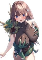 Rule 34 | 1girl, absurdres, baffu, bare shoulders, blue eyes, blush, breasts, brown hair, collarbone, dragon, grabbing, grabbing another&#039;s breast, highres, hitoyo (baffu), large breasts, looking at viewer, open mouth, original, short hair, simple background, solo, white background
