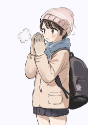 Rule 34 | 1girl, aaa (unkounkounko712), absurdres, beanie, coat, cold, hat, highres, rubbing, solo, white background, winter, winter clothes, winter coat