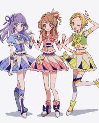 3girls ;d aikatsu! aikatsu!_(series) arm_up blonde_hair blue_bow blue_ribbon blue_shirt blue_skirt blunt_bangs boots bow braid brown_hair cropped_shirt frilled_skirt frills full_body gloves green_eyes green_skirt hair_bow hair_ornament hair_ribbon hands_up highres hikami_sumire hime_cut holding_hands idol idol_clothes knee_boots long_hair looking_at_viewer midriff multiple_girls okomeiro one_eye_closed one_side_up open_mouth ozora_akari pink_bow pink_eyes pink_footwear pink_shirt pink_skirt purple_eyes purple_hair ribbon shinjo_hinaki shirt short_hair simple_background skirt sleeveless sleeveless_shirt smile standing standing_on_one_leg star_(symbol) star_hair_ornament thighhighs white_background white_footwear white_gloves white_thighhighs