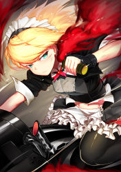 Rule 34 | 1girl, absurdres, apron, armor, bad id, bad pixiv id, black gloves, blonde hair, blue eyes, blurry, blurry background, blush, braid, braided bangs, breastplate, breasts, closed mouth, explosive, g36 (girls&#039; frontline), g36 (mod3) (girls&#039; frontline), girls&#039; frontline, gloves, grenade, hair between eyes, highres, holding, holding grenade, leonat, long hair, looking at viewer, maid, maid apron, maid headdress, medium breasts, mod3 (girls&#039; frontline), motion blur, on motorcycle, riding, sidelocks, skirt, sleeve cuffs, solo, torn clothes, waist apron