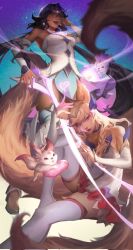 Rule 34 | 2girls, :d, ahri (league of legends), animal ears, artist request, bare shoulders, blonde hair, choker, dark-skinned female, dark skin, detached sleeves, dress, fox ears, fox tail, from below, highres, league of legends, long hair, miniskirt, multiple girls, nilah (league of legends), open mouth, pleated skirt, red skirt, sitting, skirt, sky, smile, star (sky), star guardian (league of legends), star guardian ahri, star guardian nilah, starry sky, tail, thighhighs, third-party source, twintails, white dress, white sleeves, white thighhighs