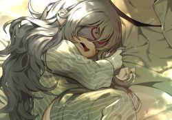 Rule 34 | 1girl, bad id, bad twitter id, bed, bed sheet, bsue, commentary request, g11 (girls&#039; frontline), girls&#039; frontline, grey hair, korean commentary, long hair, messy hair, pajamas, sleep mask, sleeping, solo