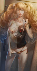 Rule 34 | 10s, 1girl, bad id, bad pixiv id, blue eyes, camera phone, cellphone, covered erect nipples, danganronpa: trigger happy havoc, danganronpa (series), enoshima junko, female pubic hair, gradient background, highres, long hair, panties, panty pull, phone, pubic hair, pussy slip, selfie, shirt, side-tie panties, solo, spoilers, taut clothes, taut shirt, twintails, underwear, unfairr