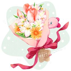 Rule 34 | anniversary, artist name, blue eyes, blush, blush stickers, bouquet, character name, closed mouth, commentary request, dated, dated commentary, flower, flower request, green background, hugging object, kirby, kirby (series), kotori (lycka), nintendo, no humans, one eye closed, pink flower, plant, red ribbon, ribbon, simple background, smile, solo, star (symbol), tulip, twitter username, white background, white flower, yellow flower