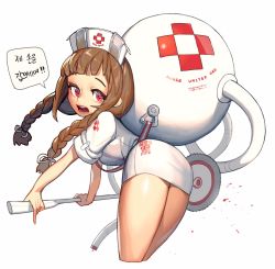 Rule 34 | 1girl, ass, blunt bangs, braid, character request, circular saw, cropped legs, destiny child, dress, hat, highres, holding, long hair, nurse, nurse cap, open mouth, red eyes, rinotuna, saw, simple background, solo, speech bubble, twin braids, white background, white dress