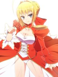 Rule 34 | 10s, 1girl, ahoge, blonde hair, blue eyes, breasts, dress, fate/extra, fate (series), flower, large breasts, leotard, nero claudius (fate), nero claudius (fate) (all), nero claudius (fate/extra), ookami maito, red dress, see-through, solo