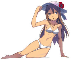 Rule 34 | 1girl, :o, arm support, armpits, bad id, bad pixiv id, barefoot, bikini, blue eyes, breasts, brown hair, cleavage, hat, leaning to the side, long hair, looking at viewer, medium breasts, original, simple background, sitting, solo, swimsuit, tam-u, thigh gap, white background, white bikini