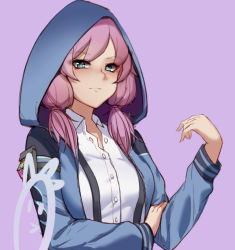 Rule 34 | 1girl, arknights, arm pouch, armband, artist logo, blue eyes, blue jacket, blue poison (arknights), blue poison (elite ii) (arknights), blush, breasts, chinese commentary, closed mouth, collared shirt, condom, condom wrapper, highres, hood, hood up, hooded jacket, jacket, long sleeves, looking at viewer, medium breasts, medium hair, open clothes, open jacket, partially unbuttoned, pink hair, purple background, shirt, simple background, solo, suspenders, tiankong pie ai, twintails, upper body, white shirt
