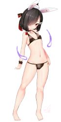 Rule 34 | 1girl, animal ears, azur lane, bare arms, bare legs, bare shoulders, barefoot, bikini, black bikini, black hair, black ribbon, blush, breasts, closed mouth, collar, collarbone, contrapposto, covered erect nipples, doyouwantto, fake animal ears, full body, groin, hair ornament, hair over one eye, hair ribbon, half updo, hand on own hip, highres, hitodama, legs apart, lock, looking at viewer, navel, padlock, padlocked collar, rabbit ears, red collar, red eyes, ribbon, shiny skin, shiranui (azur lane), short hair, signature, simple background, small breasts, smile, solo, standing, stomach, swimsuit, tassel, tsurime, turret, white background, wrist cuffs