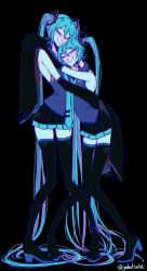 Rule 34 | 2girls, absurdly long hair, black background, black footwear, black skirt, blue eyes, blue hair, blue necktie, blush, boots, collared shirt, commentary, detached sleeves, didi (galacticdidi), english commentary, glitch, grey shirt, hatsune miku, highres, hug, long hair, looking at viewer, multiple girls, necktie, shirt, skirt, sleeveless, sleeveless shirt, sleeves past fingers, sleeves past wrists, smile, standing, thigh boots, thighhighs, twintails, twitter username, very long hair, vocaloid