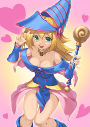 Rule 34 | 1girl, absurdres, bare shoulders, blonde hair, blue footwear, blush, blush stickers, boots, breasts, choker, cleavage, dark magician girl, duel monster, gatou illust, green eyes, hair between eyes, hat, heart, highres, large breasts, long hair, looking at viewer, open mouth, pentacle, smile, solo, staff, v, wizard hat, yu-gi-oh!
