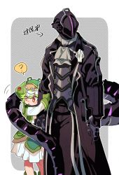 Rule 34 | 1boy, 1girl, ?, bad id, bad pixiv id, black coat, black gloves, blush, bondrewd, boots, coat, collared coat, gloves, green hair, hat, heart, helmet, jacket tug, made in abyss, meinya (made in abyss), multicolored hair, neckerchief, prushka, saiko67, standing, tail, tail wrap, white hair