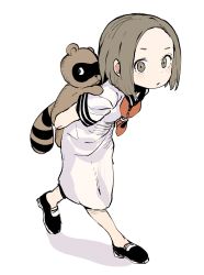 Rule 34 | 1girl, animal, animal on back, black socks, blush, brown eyes, brown hair, carrying, copyright request, ddari, dress, highres, leaning forward, looking at viewer, neckerchief, parted lips, piggyback, red neckerchief, sailor collar, sailor dress, short hair, simple background, socks, solo, tanuki, white background, white dress, white sailor collar