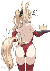 Rule 34 | 1girl, alcohol, alternate costume, animal ears, arknights, arm behind back, ass, beer, beer mug, black bow, blemishine (arknights), blush, bow, cup, elbow gloves, from behind, gloves, hair bow, head tilt, highres, holding, holding tray, horse ears, horse girl, horse tail, leotard, long hair, looking at viewer, looking back, mug, open mouth, ponytail, red gloves, red leotard, satsuki neko, simple background, solo, spoken sweatdrop, sweat, sweatdrop, tail, thighhighs, tray, white background, white thighhighs, yellow eyes