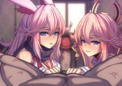 Rule 34 | 1boy, 2girls, animal ears, bare shoulders, blurry, blurry background, blush, censored, company connection, dark-skinned male, dark skin, earrings, erection, ffm threesome, fox ears, genshin impact, group sex, hair ornament, honkai (series), honkai impact 3rd, imminent fellatio, indoors, japanese clothes, jewelry, lao meng, long hair, looking at viewer, male pubic hair, mihoyo, mosaic censoring, multiple girls, name connection, open mouth, penis, pink hair, pov, pubic hair, purple eyes, sakura ayane, smile, threesome, trait connection, voice actor connection, yae miko, yae sakura, yae sakura (gyakushinn miko)