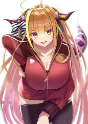 Rule 34 | 1girl, absurdres, ahoge, black ribbon, black thighhighs, blonde hair, bow, breasts, bright pupils, cleavage, collarbone, commentary request, copyright name, cowboy shot, diagonal-striped bow, dragon girl, dragon horns, dragon tail, emblem, eyes visible through hair, fang, hair ribbon, hand on own hip, highres, hololive, horn bow, horn ornament, horns, jacket, kiryu coco, kiryu coco (loungewear), large breasts, leaning forward, light blush, logo, long hair, long sleeves, looking at viewer, multicolored hair, natsuki (natukituki), official alternate costume, open mouth, orange hair, pointy ears, purple eyes, red jacket, ribbon, scales, sidelocks, simple background, skin fang, slit pupils, solo, standing, streaked hair, striped, striped bow, tail, thighhighs, track jacket, twintails, very long hair, virtual youtuber, white background, white pupils, zipper pull tab