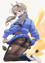 Rule 34 | 1girl, animal ears, ass, blue archive, blue skirt, blue sweater, blush, breasts, brown eyes, brown hair, brown pantyhose, chela77, explosion, explosive, glasses, grenade, halo, highres, kneeling, large breasts, long hair, long sleeves, looking at viewer, looking back, low twintails, midriff, moe (blue archive), panties, panties under pantyhose, pantyhose, rabbit ears, round eyewear, skirt, solo, sweater, thighband pantyhose, torn clothes, torn pantyhose, turtleneck, turtleneck sweater, twintails, underwear, white panties