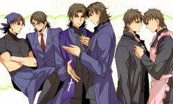Rule 34 | 6+boys, apron, brown eyes, brown hair, cassock, dressing, fate/stay night, fate/tiger colosseum, fate/zero, fate (series), formal, glasses, head scarf, jewelry, kotomine kirei, male focus, multiple boys, multiple persona, necklace, necktie, pinki (shounenkakuseiya), scarf, sensha otoko, stole, suit, aged down