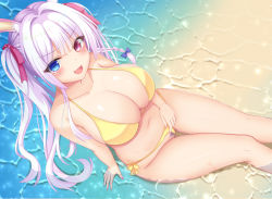 Rule 34 | 1girl, :d, animal ear fluff, animal ears, beach, bikini, bikini bottom aside, blue eyes, blunt bangs, blush, breasts, cleavage, clothing aside, collarbone, commentary request, female pubic hair, hair ribbon, heterochromia, large breasts, long hair, looking at viewer, nao (naobinarydigit), navel, ocean, open mouth, original, outdoors, pubic hair, purple eyes, ribbon, sidelocks, sitting, smile, solo, stomach, swimsuit, wet, white hair, yellow bikini