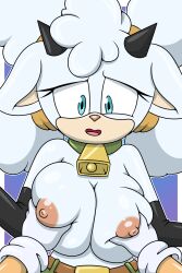 Rule 34 | 1girl, 2023, bell, blue eyes, breasts, furry, furry female, grabbing, grabbing another&#039;s breast, groping, highres, horns, lanolin the sheep, large breasts, pinup (style), pov, sheep, solo focus, sonic (series), sonic the hedgehog (idw), sonicguru, white fur