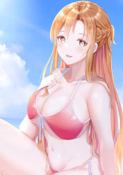 Rule 34 | 1girl, absurdres, asuna (sao), bikini, braid, breasts, brown eyes, brown hair, cleavage, collarbone, french braid, front-tie bikini top, front-tie top, highres, kzm (cookie-eluza), large breasts, long hair, looking at viewer, navel, open mouth, red bikini, short ponytail, sitting, sky, smile, solo, stomach, sunlight, swimsuit, sword art online