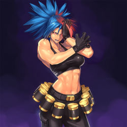Rule 34 | 1girl, big hair, blue hair, breasts, highres, king of fighters xiii, large breasts, leona heidern, looking at viewer, muscular, muscular female, navel, ogami, red eyes, saliva, solo, tank top, the king of fighters, the king of fighters xiii, toned