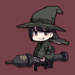 Rule 34 | 1girl, black eyes, black hair, bob cut, boots, cape, chibi, fingerless gloves, full body, gloves, hat, karepack, looking at viewer, military uniform, original, panzerfaust 3, riding, rocket launcher, short hair, simple background, smile, tongue, tongue out, uniform, weapon, witch, witch hat