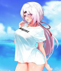 Rule 34 | 1girl, absurdres, bikini, bikini under clothes, blush, breasts, clothes writing, eyes visible through hair, festa11307070, hair ornament, hair ribbon, hairclip, highres, jewelry, large breasts, long hair, looking at viewer, low ponytail, necklace, nijisanji, ocean, official alternate costume, open mouth, paid reward available, pink bikini, pink hair, plaid, plaid bikini, red ribbon, ribbon, see-through, shiina yuika, shiina yuika (6th costume), shirt, short sleeves, sky, smile, solo, swimsuit, t-shirt, taut clothes, taut shirt, very long hair, virtual youtuber, watermark, web address, wet, wet clothes, white shirt